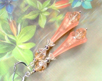 Peach Flower Earrings, Long Peach Dangles, Peach Colored Earrings, Floral Earrings, Flower Dangles, Handmade Peachy Dangles, Lucite Dangles