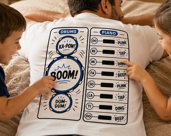 Playmat T-Shirt for Dad, Toddlers Play Drums Piano on Back, Funny Father's Day Gift from Kids, Interactive Music Drummer Grandpa Shirt