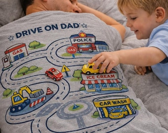 Playmat T-Shirt for Dad, Toddler Drives Toy Cars on City Road Map Back, Screen-Free Father's Day Gift from Kids, Car Track Grandpa T-Shirt