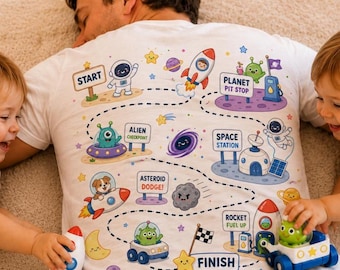 Playmat T-Shirt for Dad, Toddler Drives Toy Cars on City Road Map Back, Screen-Free Father's Day Gift from Kids, Car Track Grandpa Shirt