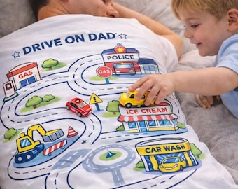 Playmat T-Shirt for Dad, Toddler Drives Toy Cars on City Road Map Back, Screen-Free Father's Day Gift from Kids, Car Track Grandpa Shirt