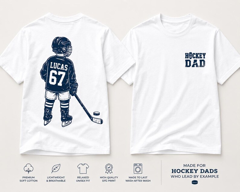 May include: White t-shirts with navy blue graphics. One shirt features a hockey player with the name "LUCAS" and the number "67". The other shirt has "HOCKEY DAD" printed on the front. The shirts are made of premium soft cotton.