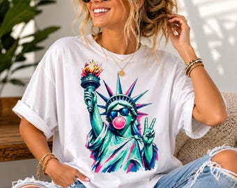 Fourth of july shirt, statue of liberty bubblegum pop art tee, trendy retro patriotic top men women, cool usa gift