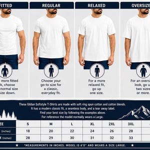 May include: A white Gildan Softstyle T-shirt size chart. The chart shows four different fits: fitted, regular, relaxed, and oversized. The chart also includes a size guide with measurements in inches for width and length, ranging from S to 4XL.