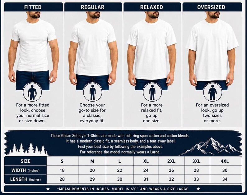 May include: A white Gildan Softstyle T-shirt size chart. The chart shows four different fits: fitted, regular, relaxed, and oversized. The chart also includes a size guide with measurements in inches for width and length, ranging from S to 4XL.