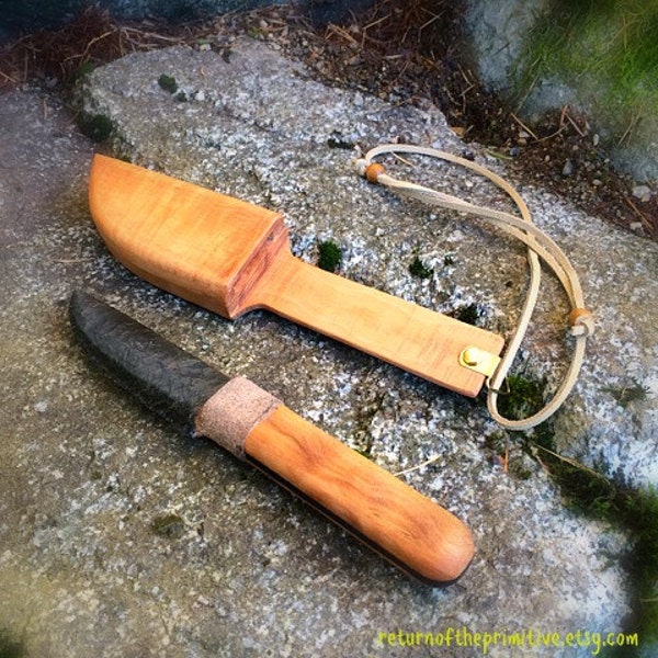 Obsidian Flint Knapped Knife With Maple and Ebony Handle and Maple Sheath