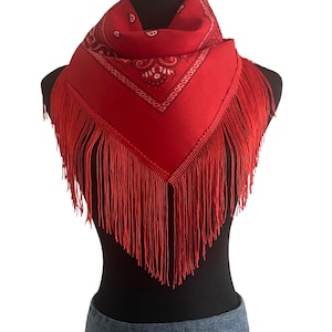 Red Fringe Bandana | Western Cowgirl Statement Scarf | Festival Fringe Neckwear | Bold Rodeo Style Accessory