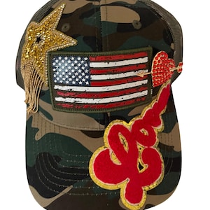 Boné Trucker com estampa camuflada brilhante – Bandeira dos EUA, aplique de amor e strass | Boné com brilho para o 4 de julho