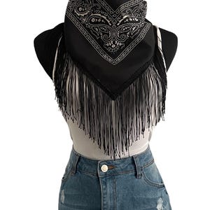 Western Fringe Bandana Scarf – Black Paisley Cowboy Neck Accessory