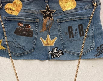 Custom Denim Pocket Crossbody | Hands-Free Concert Accessory | Upcycled Jean Pocket Holder | Concert Bag | R&B Tour Denim | Gold Chain