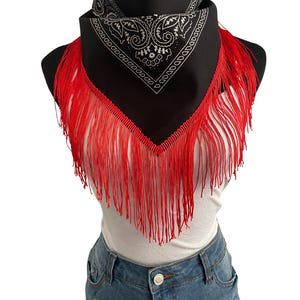 Western Chic Fringe Bandana – Black Paisley with Red Trim