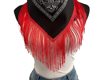 Western Chic Fringe Bandana – Black Paisley with Red Trim