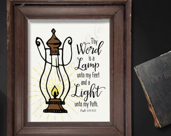 Christian wall art. Thy Word is a Lamp unto my feet and a Light unto my path. Psalm 119:105. Instant download printable. Artwork. Print.