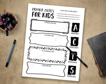 Prayer Notes for Kids. Instant download printable.  Boys, girls, youth, teens, children. Worksheet journal Bible study guide plan. Pray ACTS