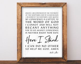 Christian artwork. Here I Stand. Martin Luther quote. Instant download printable. Wall art print. Home decor. Lutheran reformation 500.