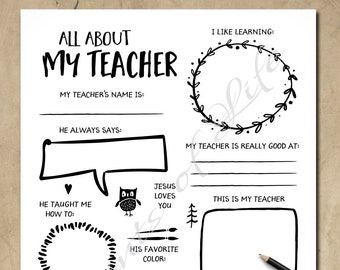 All About My Teacher. (Male). Instant download printable. Kid's message for First Last day, Birthday, Sunday Bible School. Questionnaire.