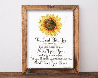 Christian print. The Lord Bless You and Keep You. With sunflower. Instant download printable. Digital wall art. Home decor. Numbers 6:24-26