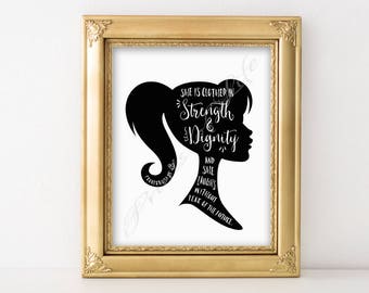 Christian art. Proverbs 31:25. She is clothed in strength and dignity. Instant download printable. PDF. Wall print. Home decor. Silhouette.