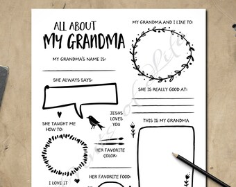 All About My Grandma. Instant download printable. Kid's message for Mother's Day, Birthday Sunday School Bible School. Fill in Questionnaire