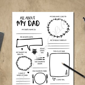 Todo sobre mi papá. Descarga instantánea imprimible. Mensaje infantil para el Día del Padre, Cumpleaños, Escuela Dominical, Escuela Bíblica. Complete el cuestionario.