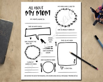 All About My Mom. Instant download printable. Kid's message for Mother's Day, Birthday, Sunday School, Bible School. Fill in Questionnaire.