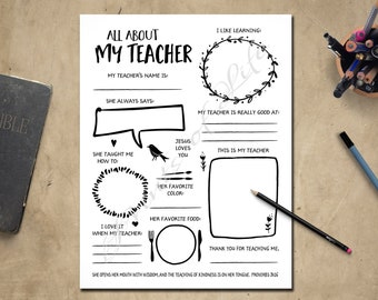 All About My Teacher. (Female). Instant download printable. Kid's message for First Last day, Birthday, Sunday Bible School. Questionnaire.