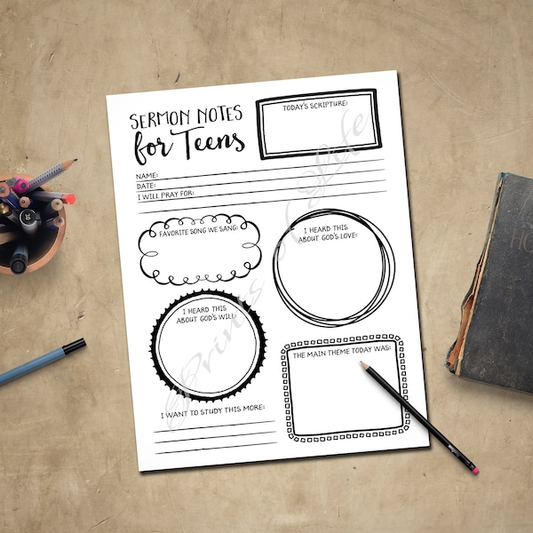 Sermon Notes for Teens. Boys, girls, youth, kids. Instant download printable. Church journal plan. Bible study guide planner. Worship aid.