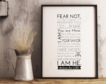 Christian wall art. Fear not, for I have redeemed you. Isaiah 43:1, 3, 10. Instant download print. PDF JPG diy printable artwork. Home Decor