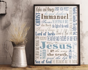 Names of Jesus. Instant download printable pdf jpg. 8x10 & 11x14 prints + 5x7 CARD. Home decor. Christian Subway Art. Wall Sign. Blue Brown.