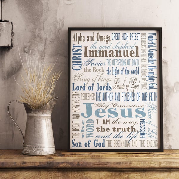 Names of Jesus. Instant download printable pdf jpg. 8x10 & 11x14 prints + 5x7 CARD. Home decor. Christian Subway Art. Wall Sign. Blue Brown.