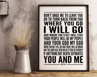 Christian printable. Where You Go I Will Go. Ruth 1:16-17. Classic subway poster. Wedding. Anniversary. Instant Download. Valentine's love.