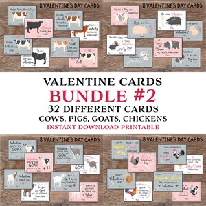 Lot 2 enfants pour la Saint-Valentin. Téléchargement instantané. Cartes de ferme imprimables pour l'école. Vaches, porcs, chèvres, poulets Étiquettes-cadeaux pour garçons et filles. kvc