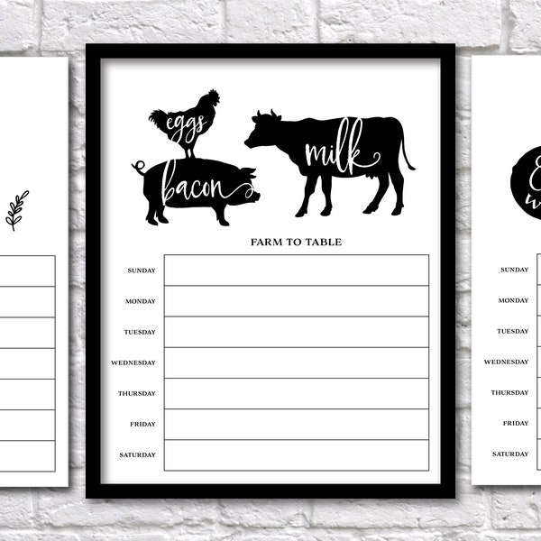 Farmhouse Menu Planner. Instant digital download. PDF printable wall art. 12 twelve month meal plan calendar. Kitchen country farm gather.