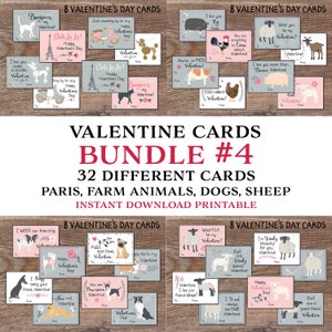 Paquete 4 del Día de San Valentín para niños. Descarga instantánea. Tarjetas imprimibles para la escuela. París, Animales de Granja, Perros, Ovejas Etiquetas de regalo para niños y niñas. kvc