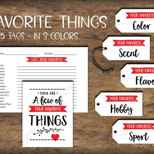 Etiquetas de presente e cartão "Your Favorite Things". Ideia para um encontro romântico. Download instantâneo para impressão. Aniversário. Presente de Natal para ele ou ela. Amor de Dia dos Namorados.