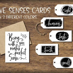 Étiquettes-cadeaux et carte Five Senses. Téléchargement instantané imprimable. Cadeau de Saint Valentin pour homme Pour lui, son mari, sa femme, son petit ami. Anniversaire de Noël.