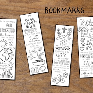 May include: Four black and white printable bookmarks with Christian themes and doodle illustrations. The bookmarks feature verses from the Bible, including "In the beginning God created the heavens and the earth", "Create in me a clean heart, O God", "If anyone is in Christ, he is a new creation", and "For we are His workmanship, created in Christ Jesus".