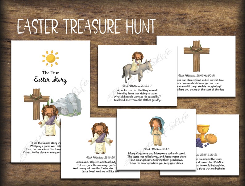 Puede incluir: Un conjunto de tarjetas ilustradas de la historia de Pascua con el texto "Easter Treasure Hunt". Las tarjetas presentan ilustraciones religiosas de Jes&uacute;s, un burro, una cruz y otros s&iacute;mbolos de Pascua. Las tarjetas est&aacute;n sobre un fondo de madera.