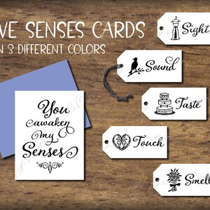 Carte et étiquettes-cadeaux Five Senese. Idée de rendez-vous galant des 5 sens. Téléchargement instantané imprimable. Cadeau de mariage pour lui, son mari, sa femme, son épouse, l'amour de la Saint-Valentin