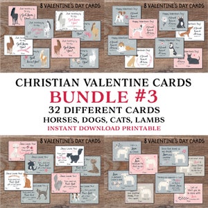 Könnte beinhalten: Eine Sammlung christlicher Valentinskarten mit Pferden, Hunden, Katzen und Lämmern. Die Karten zeigen verschiedene Designs mit den Texten "Gott liebt dich!" und "Jesus liebt dich!". Das Bundle enthält 32 verschiedene druckbare Karten.
