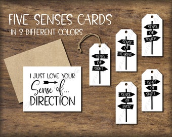 Five Senses Gift Tags & Card. 5 Sense of Direction. Instant download printable. Christmas gift. Valentines Day. Birthday. Kids or Adults.