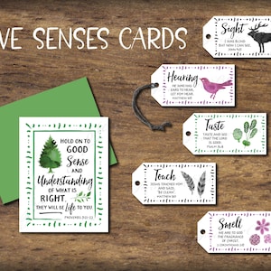 Étiquettes-cadeaux Five Senses et carte avec versets de la Bible. Téléchargement instantané imprimable. Cadeau de Noël pour lui elle. Saint Valentin. Anniversaire. 5 sens.
