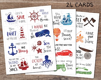 Lunch box cards. Set 10. Nautical. Rustic. Vehicles. Instant download printable PDF. 24 inspirational notes - child, students, kids, adults.