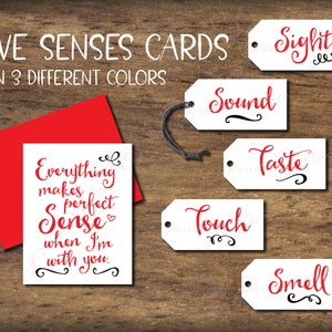 Cartes et étiquettes cadeaux Five Senses. Version imprimable en téléchargement immédiat des 5 sens. Cadeau de Saint-Valentin pour homme Pour lui, son mari, sa femme. Anniversaire Noël.