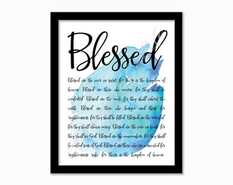 Blessed. Beatitudes. Matthew 5. Instant download printable. Bible verse print. Christian wall art. Home decor. Blue watercolor artwork.
