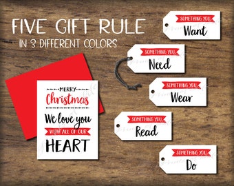 5 Gift Rule Tags & Card. Instant download printable. Five Four 4. Traditional Christmas. For child kid parent friend son daughter children.