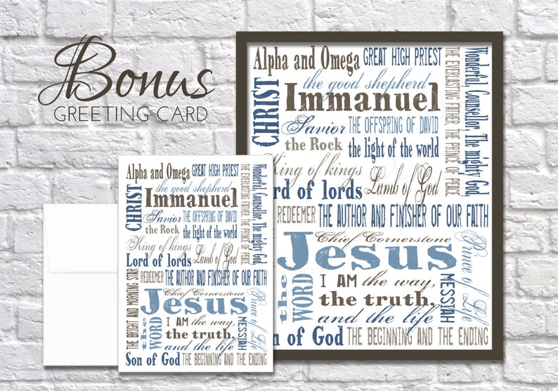 Names of Jesus. Instant download printable pdf jpg. 8x10 & 11x14 prints 5x7 CARD. Home decor. Christian Subway Art. Wall Sign. Blue Brown. image 2