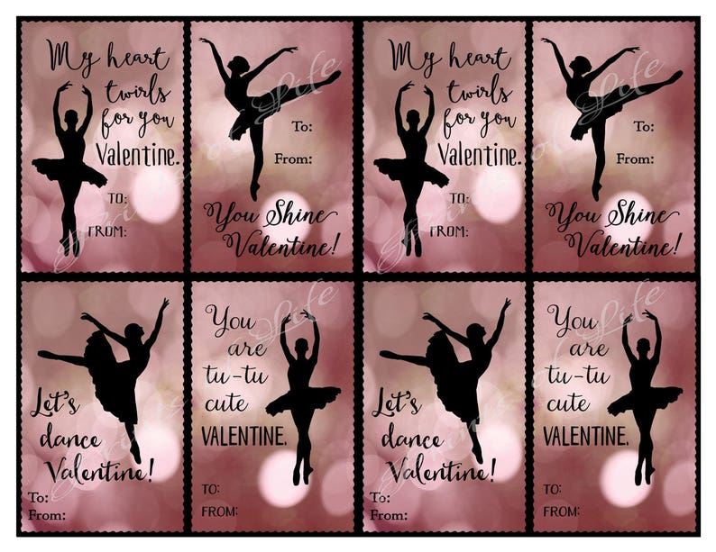 Ballerina Valentine's Day cards. For girls, teens, kids. Instant download printable dance cards. Classroom valentines. School valentine. kvc image 3