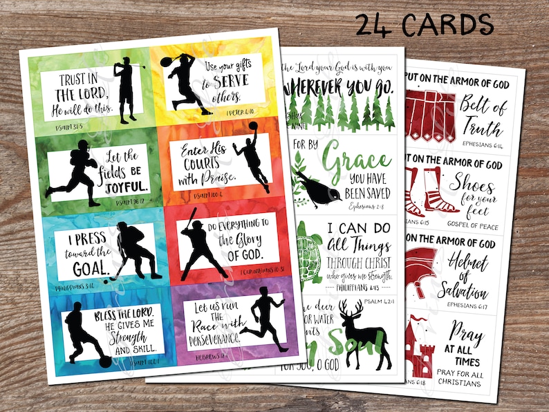 May include: A set of 24 cards featuring inspirational quotes and Bible verses. Each card has a watercolour background with black silhouettes of sports figures and text. The cards are designed for encouragement.