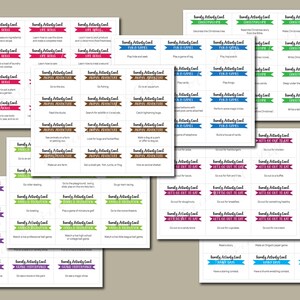 May include: A set of printable family activity cards with colorful borders and text. The cards are divided into categories such as "Life Skills", "Animal Adventures", "Fun & Games", "Let's Get Out To Eat", and "Family Time".